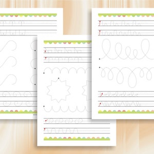May include: Four printable worksheets with dotted lines for tracing various shapes and letters. The worksheets have a colorful border with a scalloped edge.