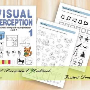May include: A black and white workbook titled "Visual Perception 1" with the subtitle "worksheets to improve visual perception - age 5-7 -" and a large number "1" in the top right corner. The cover features a variety of black and white illustrations including a house, a cat, a boat, ice cream cones, and a horse. The workbook is part of a set of visual perception worksheets for children.