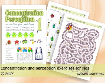 Concentration and perception exercises for kids - Part 1 (age 8+) | 79 printable worksheets&solutions | Download Digital Printable Workbook