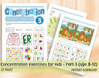 May include: A colorful workbook with the title "Concentration exercises" and the subtitle "Worksheets for improving concentration and attention - age 8-12 - Teil 3". The workbook has a variety of exercises, including a maze, a spot the difference game, and a find the missing picture game. The workbook is designed for children ages 8-12.