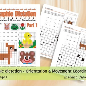 Puede incluir: Una hoja de trabajo imprimible para que los niños practiquen la dictado gráfico. La hoja de trabajo presenta una cuadrícula con números y flechas, y una imagen de un pollito en un nido. El texto "Dictado gráfico - Orientación y coordinación de movimientos - Parte 1" está en la parte superior de la página.
