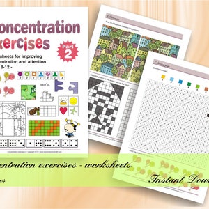 Concentration exercises for kids - Part 2 (age 8-12) | 39 printable worksheets with solutions | Download Digital Printable Workbook