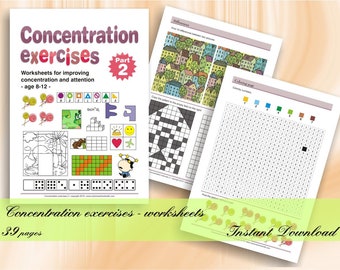 Concentration exercises for kids - Part 2 (age 8-12) | 39 printable worksheets with solutions | Download Digital Printable Workbook