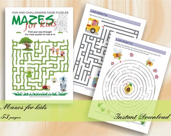 Fun and challenging Mazes for kids | 53 printable worksheets |Download Digital Printable Workbook