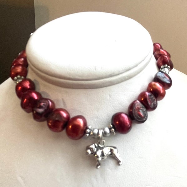 Burgundy Freshwater Pearl Bulldog Bracelet