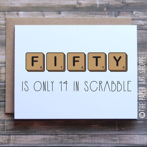 Karta urodzinowa na 50 urodziny, śmieszna karta urodzinowa, scrabble, karta urodzinowa od syna, karta urodzinowa od córki