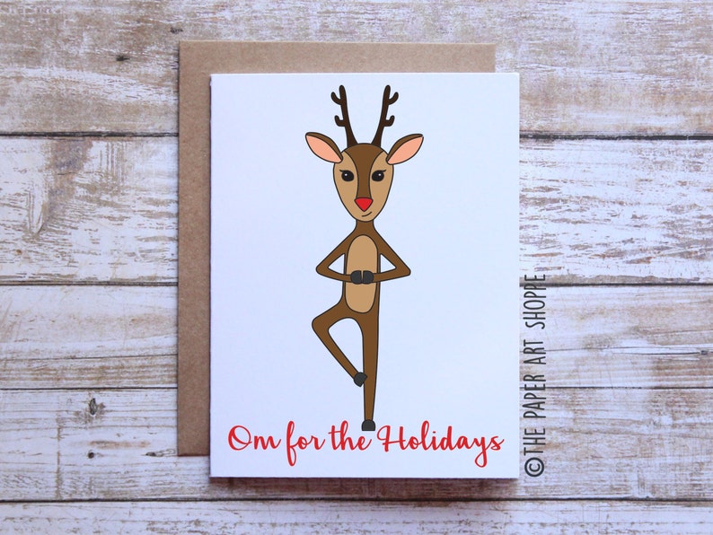 Funny Christmas card, Om for the holidays, yoga Christmas, yoga reindeer, funny holiday card, xmas card, yoga pose Christmas card image 1