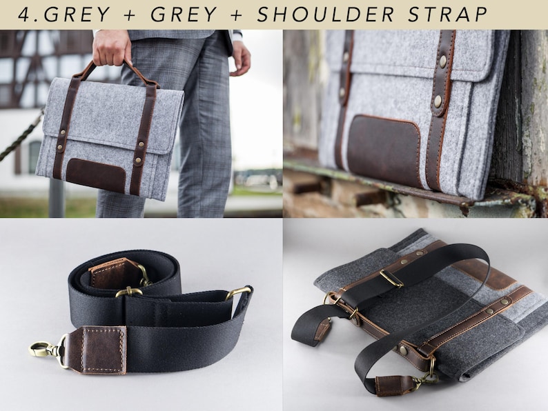 Felt Case for Microsoft Surface. A Sleeve for Surface Pro and Surface laptop with Pen Holder, Pockets, Leather Handle and Shoulder Strap. 4.Grey+Grey+Shoulder