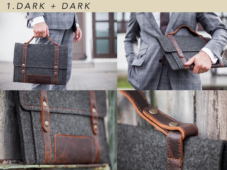 Felt Case for Microsoft Surface. A Sleeve for Surface Pro and Surface laptop with Pen Holder, Pockets, Leather Handle and Shoulder Strap. 1. Dark + Dark