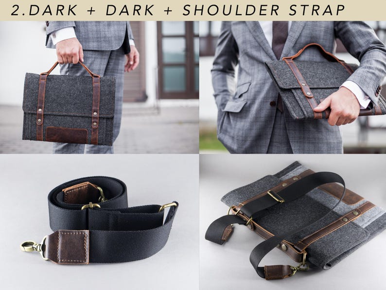 Felt Case for Microsoft Surface. A Sleeve for Surface Pro and Surface laptop with Pen Holder, Pockets, Leather Handle and Shoulder Strap. 2.Dark+Dark+Shoulder