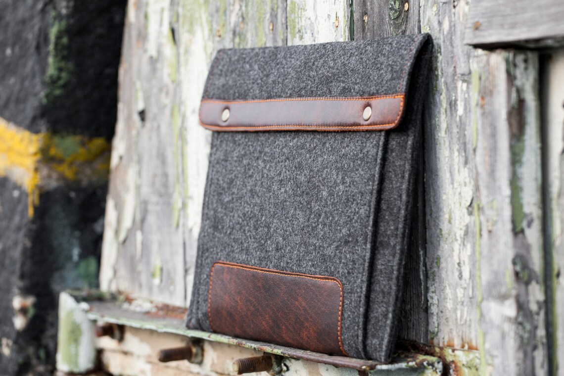 Dark Felt Ipad Pro Case With Extra Felt Pocket and Leather. Etsy