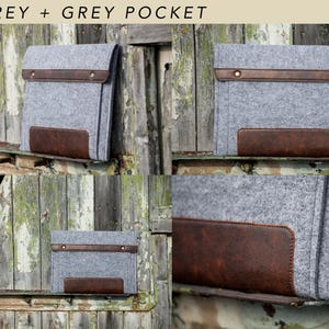 Filztasche für Microsoft Surface. Tasche für Surface Pro und Go mit Stifthalter, Taschen und Leder-Details. 7 Farben zur Auswahl. 2. Grey + Grey