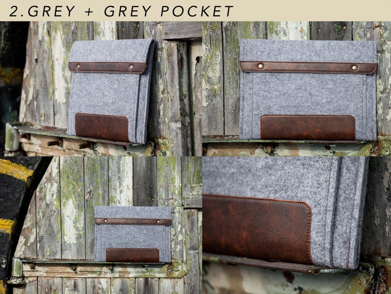 Filztasche für Microsoft Surface. Tasche für Surface Pro und Go mit Stifthalter, Taschen und Leder-Details. 7 Farben zur Auswahl. 2. Grey + Grey