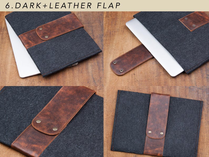 Filztasche für Microsoft Surface. Tasche für Surface Pro und Go mit Stifthalter, Taschen und Leder-Details. 7 Farben zur Auswahl. 6. Dark + Leather