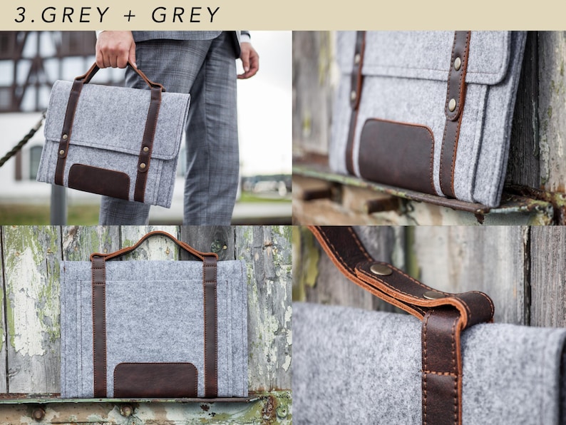 Felt Case for Microsoft Surface. A Sleeve for Surface Pro and Surface laptop with Pen Holder, Pockets, Leather Handle and Shoulder Strap. 3. Grey + Grey