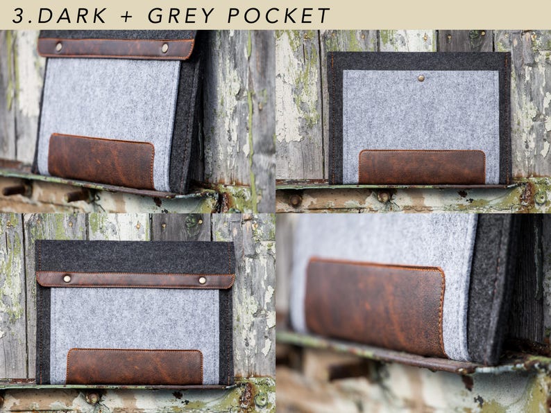 Filztasche für Microsoft Surface. Tasche für Surface Pro und Go mit Stifthalter, Taschen und Leder-Details. 7 Farben zur Auswahl. 3. Dark + Grey