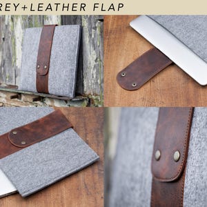 Filztasche für Microsoft Surface. Tasche für Surface Pro und Go mit Stifthalter, Taschen und Leder-Details. 7 Farben zur Auswahl. 7. Grey + Leather