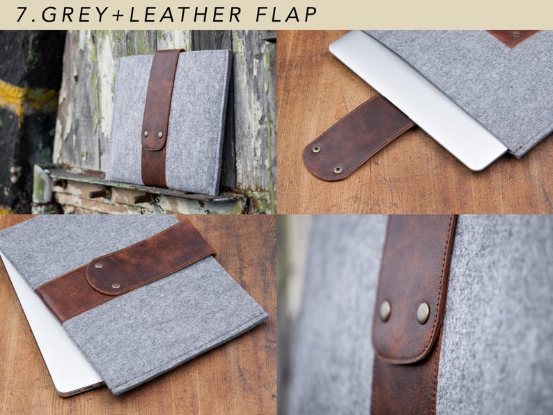 Filztasche für Microsoft Surface. Tasche für Surface Pro und Go mit Stifthalter, Taschen und Leder-Details. 7 Farben zur Auswahl. 7. Grey + Leather