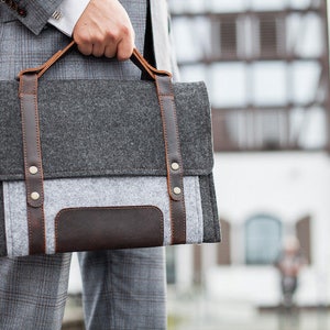 Two Tone Custom Asus Laptop Case 12-17&quot; – Felt with Leather Strap, Pen Slot, Front/Back Pockets, Detachable Handle and Shoulder Strap.