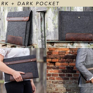 Filztasche für Microsoft Surface. Tasche für Surface Pro und Go mit Stifthalter, Taschen und Leder-Details. 7 Farben zur Auswahl. 1. Dark + Dark