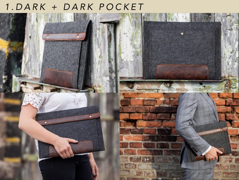 Filztasche für Microsoft Surface. Tasche für Surface Pro und Go mit Stifthalter, Taschen und Leder-Details. 7 Farben zur Auswahl. 1. Dark + Dark