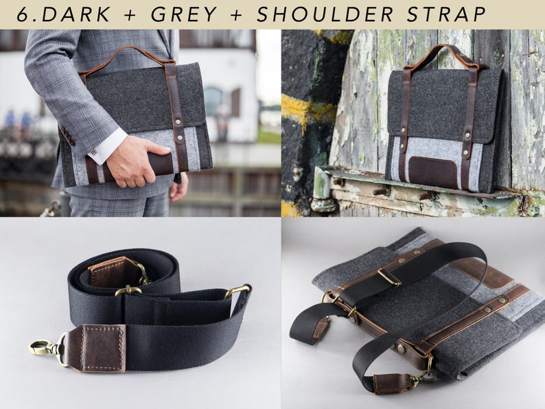 Felt Case for Microsoft Surface. A Sleeve for Surface Pro and Surface laptop with Pen Holder, Pockets, Leather Handle and Shoulder Strap. 6.Dark+Grey+Shoulder