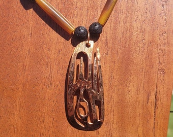 Pounded Copper Raven on Bone and Turquoise Beaded Necklace - 21