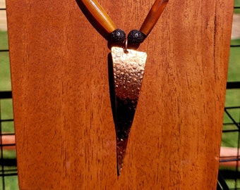 Textured 3 1/2" Copper Triangle on Bone and Turquoise Beaded Necklace- 25"