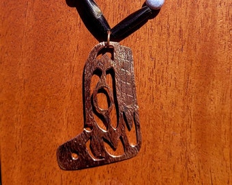 Pounded Copper Killer Whale on Bone and Stone Beaded Necklace - 21"