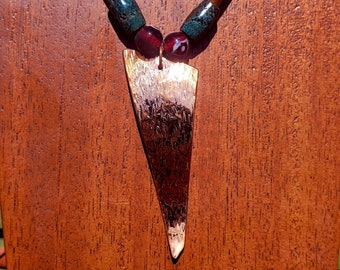 Textured 3 3/4" Copper Triangle on Bone and Turquoise Beaded Necklace- 21"