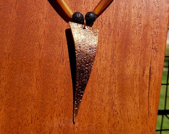 Textured 3 3/4" Copper Triangle on Bone and Turquoise Beaded Necklace- 21"