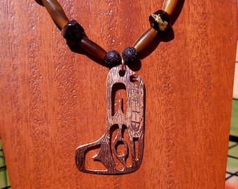 Pounded Copper Wolf on Bone and Stone Beaded Necklace - 25"