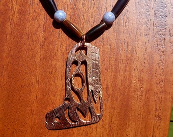 Pounded Copper Killer Whale on Bone and Stone Beaded Necklace - 25"
