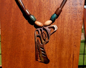 Pounded Copper Wolf on Bone and Turquoise Beaded Necklace- 23"