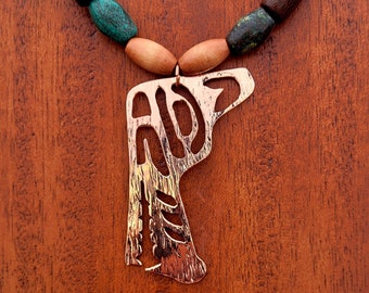 Pounded Copper Wolf on Bone and Turquoise Beaded Necklace- 19"