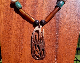 Pounded Copper Raven on Bone and Turquoise Beaded Necklace - 25"