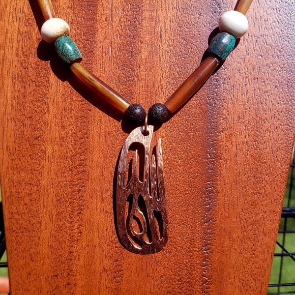 Pounded Copper Raven on Bone and Turquoise Beaded Necklace - 25"