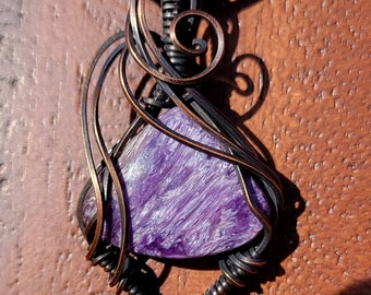 Charoite pendant wrapped in natural copper