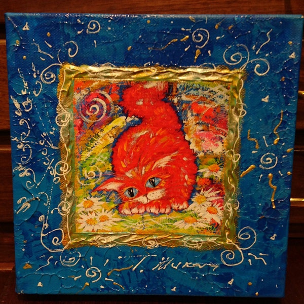 Tatyana Murova, painting acryl, painting Murova, fantasy cat, mix technik, giclee, T Murova, blue painting, orange cat, purring cat