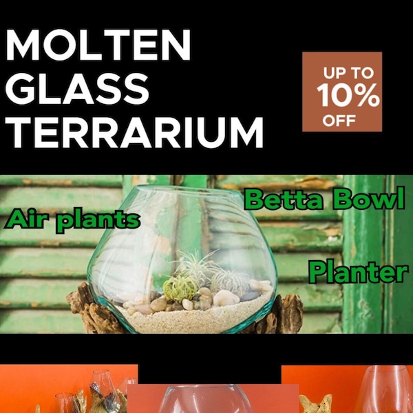Terrarium w/ LED light| Fish Tank|Air Plants|sand gardens|wood sculptures|glass sculptures|Molten Glass Vase|betta tanks|Planter|Unique Gift