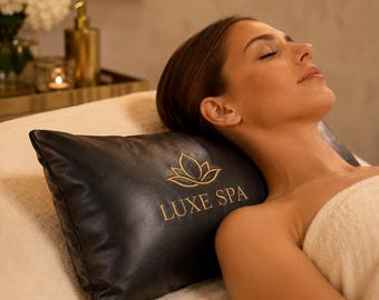 Custom Embroidered Faux Leather Spa Pillow | Business Logo Branded Neck Support
