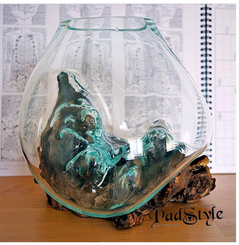 Terrarium w/ LED light Fish TankAir Plantssand gardenswood sculpturesglass sculpturesMolten Glass Vasebetta tanksPlanterUnique Gift image 5