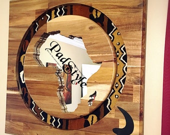 Africa Shape Mirror with Mudcloth Inlay, Acacia Wood Wall Decor