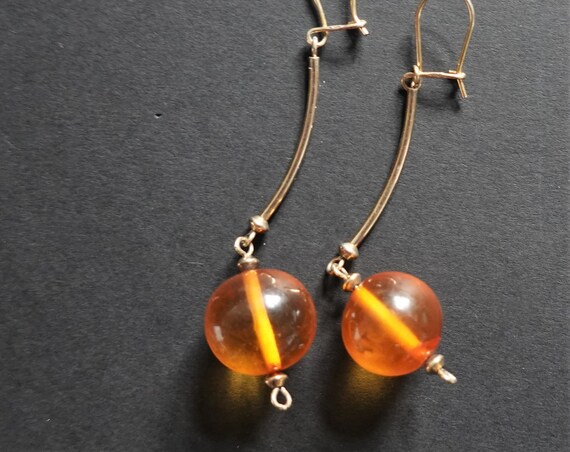 Yellow Baltic Amber Ball Earrings, Long Earrings, Sterling Silver Gold Plated, Diameter 14mm