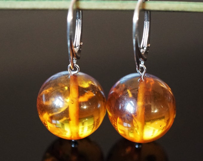 7g. Genuine Yellow Cognac Baltic Amber Earrings, Ball Shape Baltic Amber Earrings