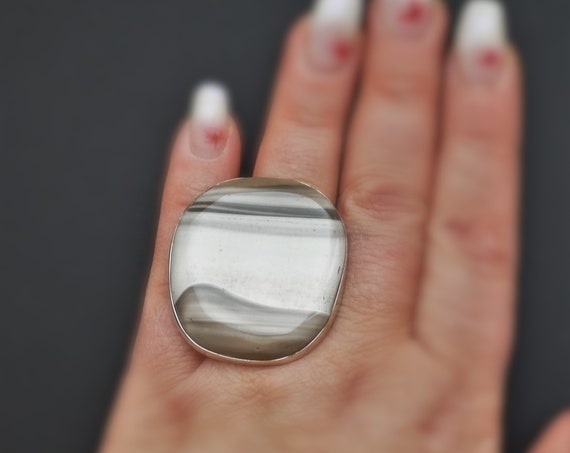 26g Big Striped Flint Ring, Sterling Silver Ring, Oversized Ring