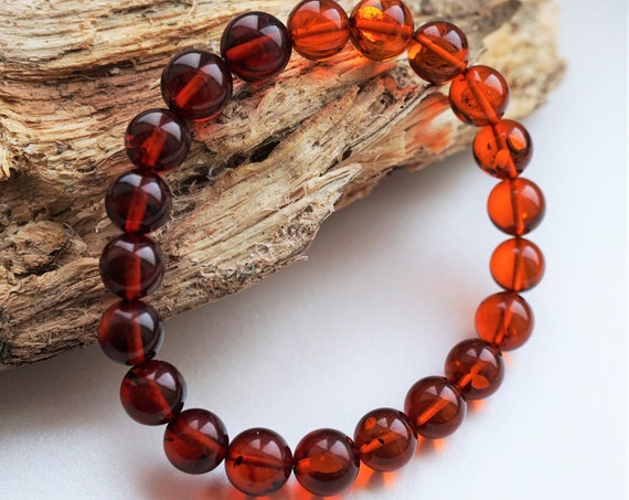 10mm. Cherry Baltic Amber Bracelet, Genuine Amber, Ball Amber Bracelet, Beaded Bracelet