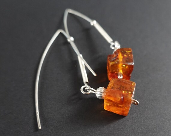 5g. Long Baltic Amber Earrings, Sterling Silver Earrings