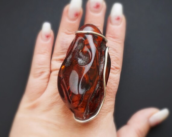 63g. Massive Unique Baltic Amber Ring, Cherry Amber Ring, Huge Amber Ring, Genuine Amber, Sterling Silver, Posh Ring, Oversized Ring
