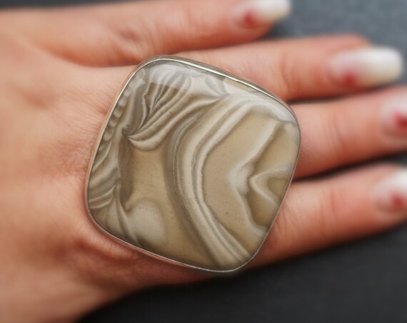 44,7g Huge Striped Flint Ring, Sterling Silver Ring, Oversized Ring